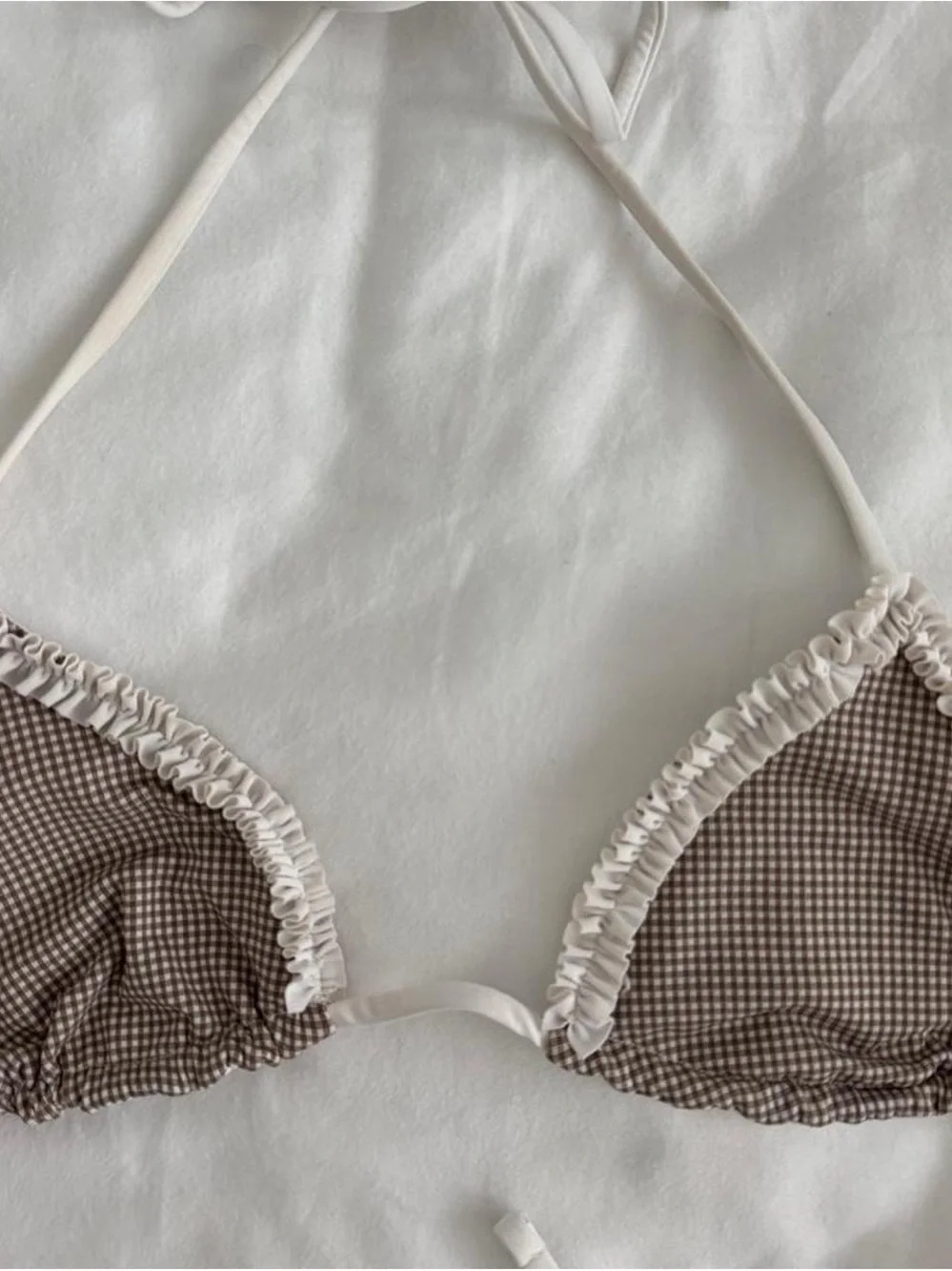 Frankie's Bikinis Brown Gingham Triangle Top with White Ruffle